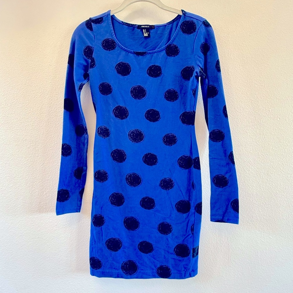 Blue Long Sleeve Tight Dress with Black Polka Dots